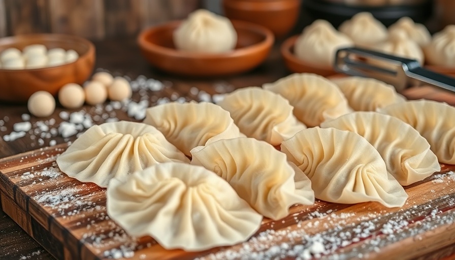 Fresh gyoza wrappers on a wooden board with flour and tools.