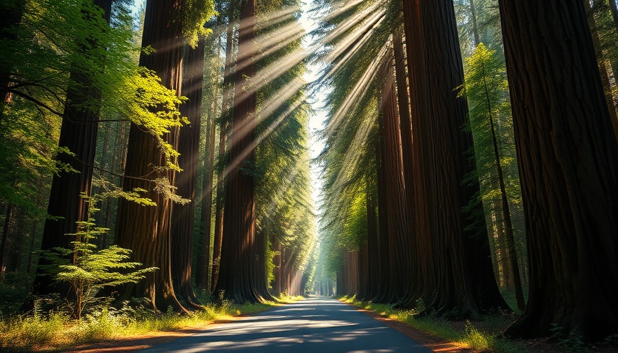 Serene forest road on Avenue of the Giants Drive, redwoods towering above.