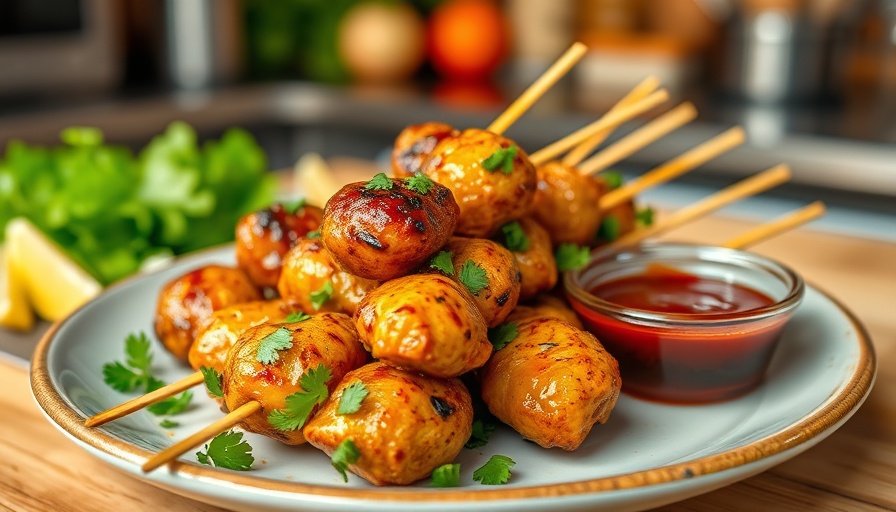 Appetizing chicken satay skewers on a plate with dipping sauce.