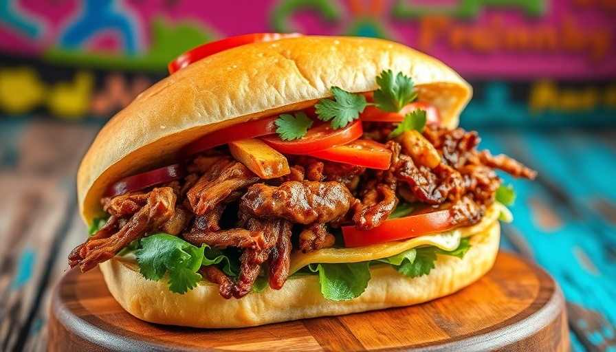Campfire Carnitas Recipe sandwich with fresh garnishes.