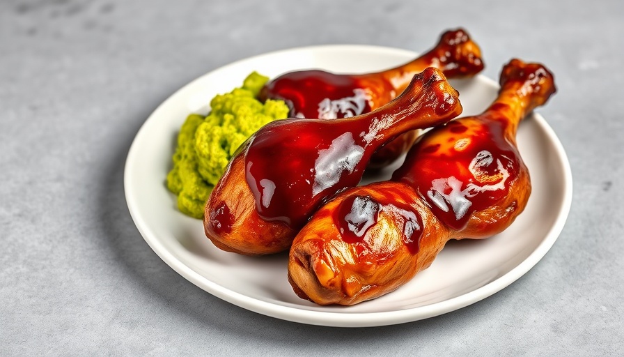 Glazed hot honey drumsticks and mashed avocado on a white plate.