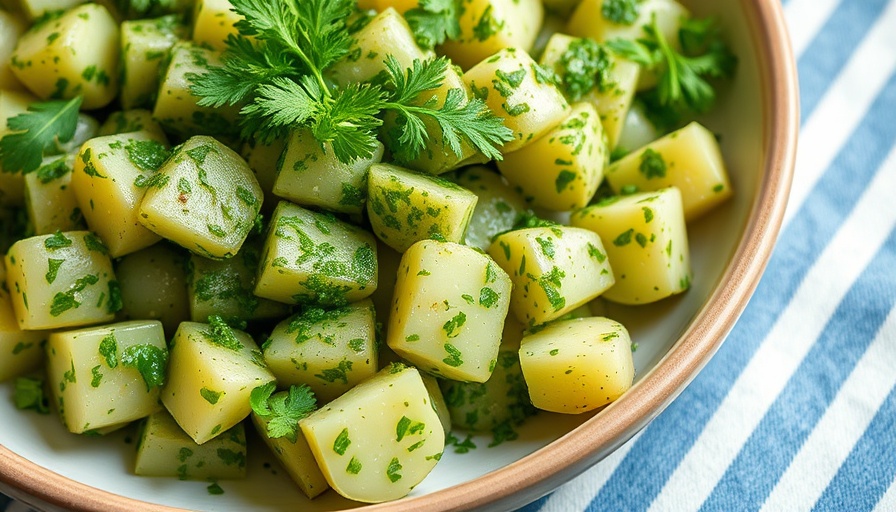 Chimichurri potato salad in a white bowl on a blue cloth.