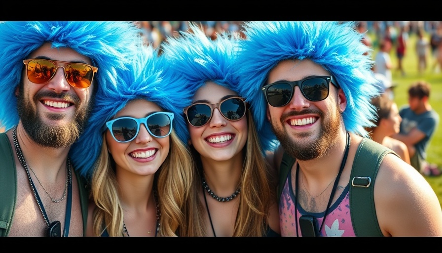 Group of friends in blue furry hats at Outside Lands Experience 2025.