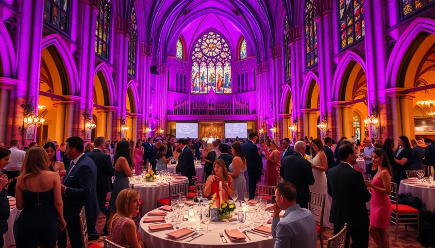 Upscale San Francisco fundraising event in a vibrant cathedral setting.