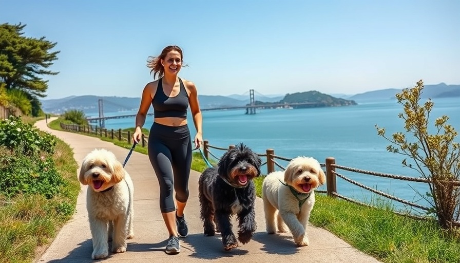 Mission Bay San Francisco: Two women walking dogs on a sunny path.