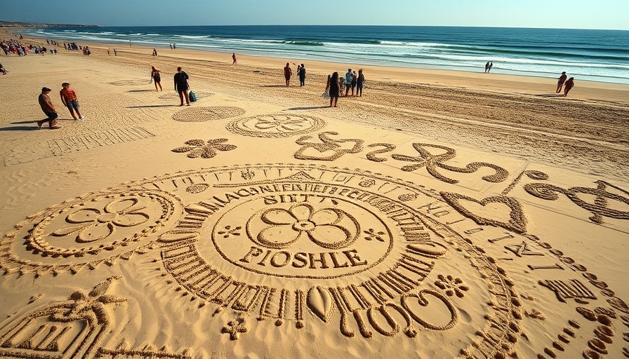Ocean Beach sand art gathering with intricate designs.