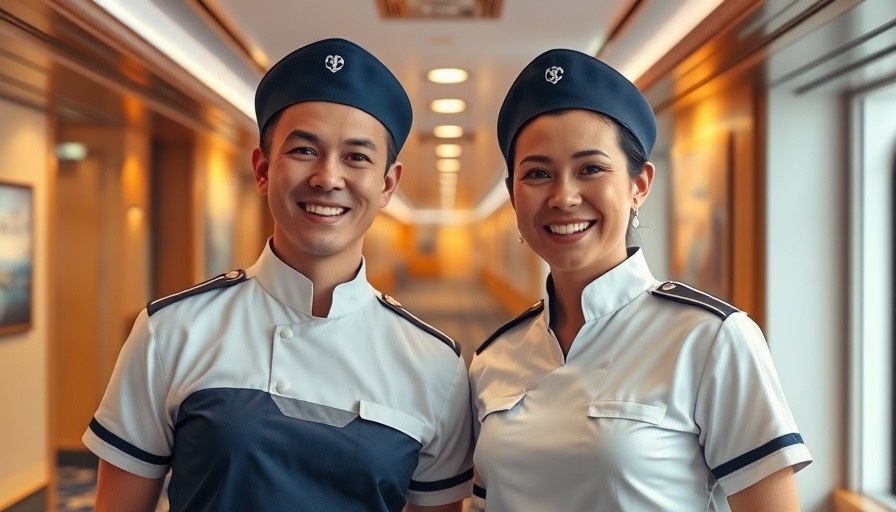 Crew members on Holland America Alaskan Cruise in hallway, smiling.