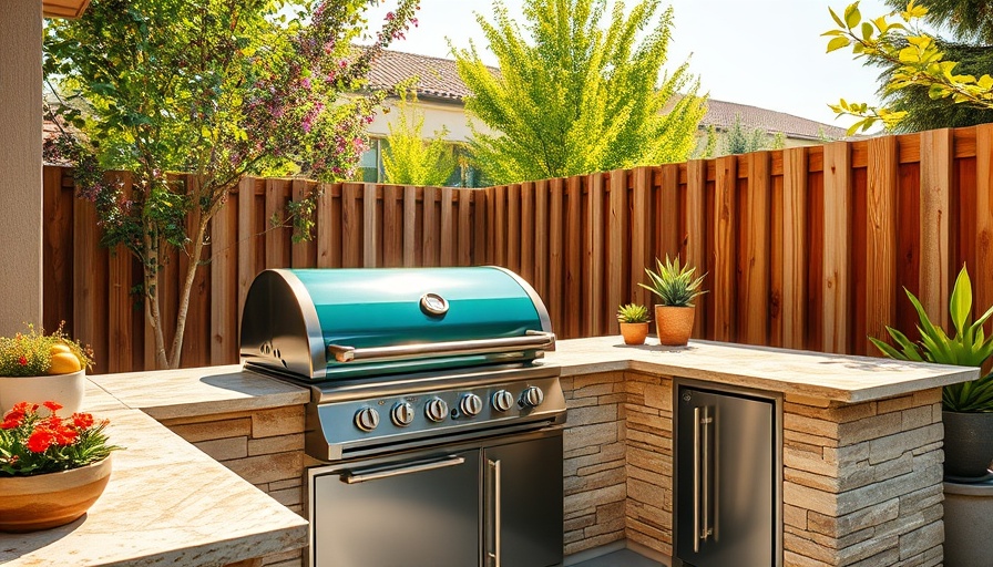 Stylish outdoor kitchen remodel with Hestan grill and stone finish.