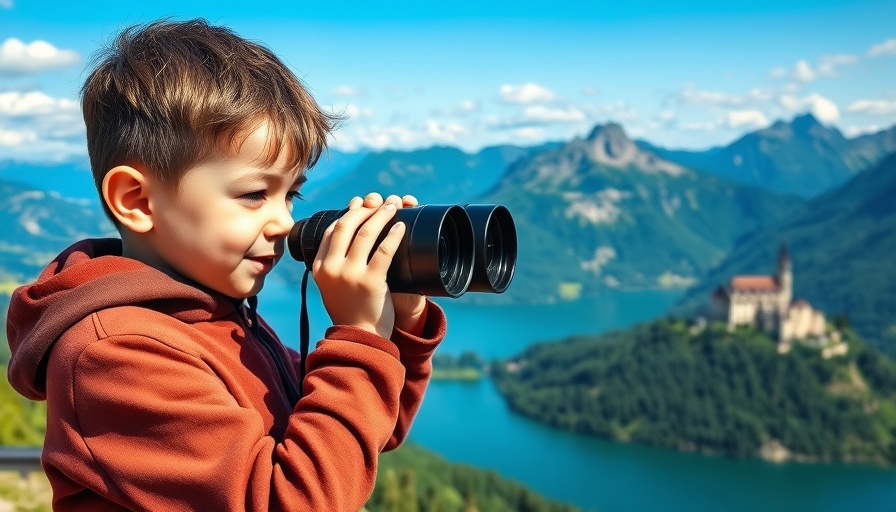 First Trip to Europe with Kids - boy in red shirt looks through binoculars at picturesque mountains and castle.