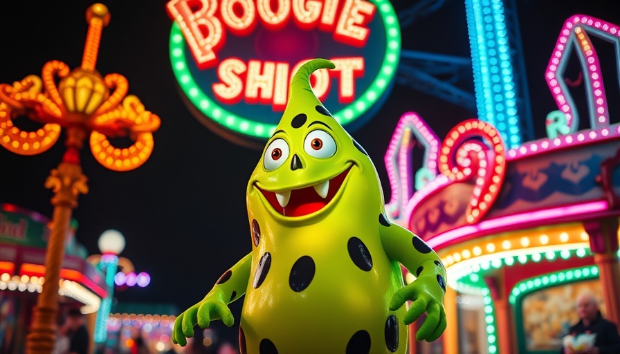 Oogie Boogie character at a vibrant night event, neon-lit background.