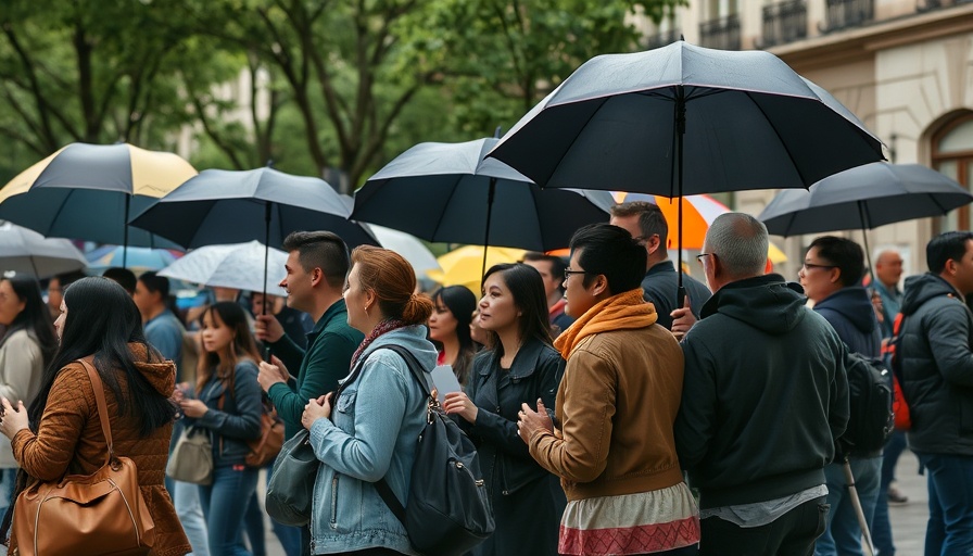 People lined up with umbrellas in NYC for Scott C.'s Big Show