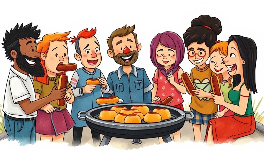 Scott C. art exhibition cartoon of characters at a barbecue.