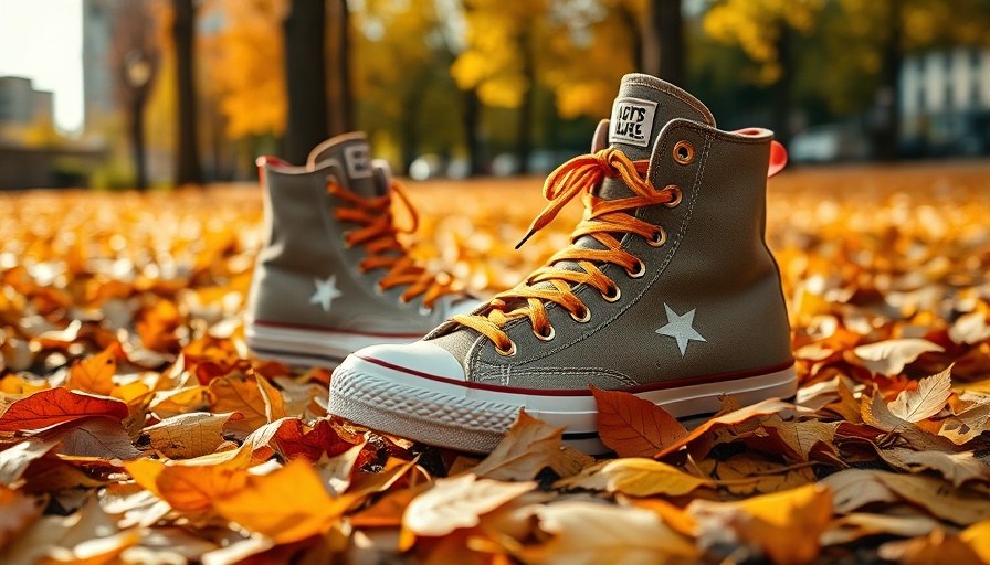 Stylish fall sneakers trends with autumn leaves background.