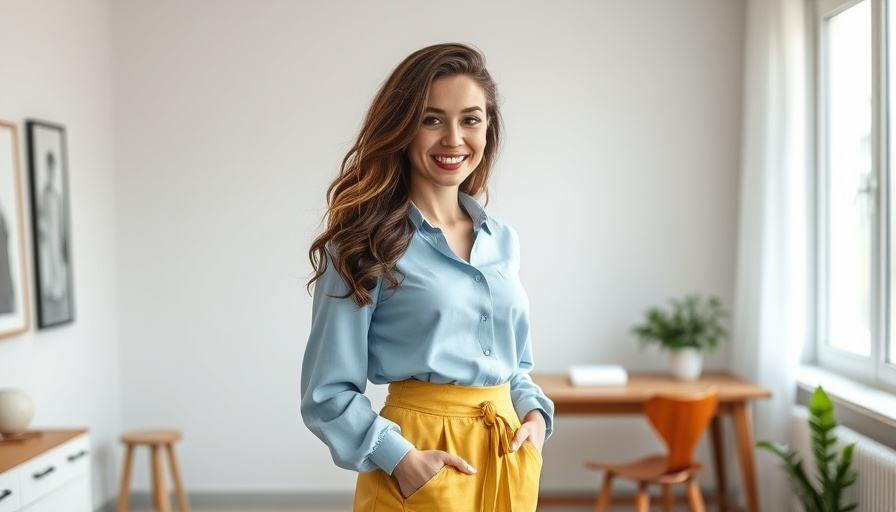 Fashionable woman showcasing wavy hair tips in modern office.