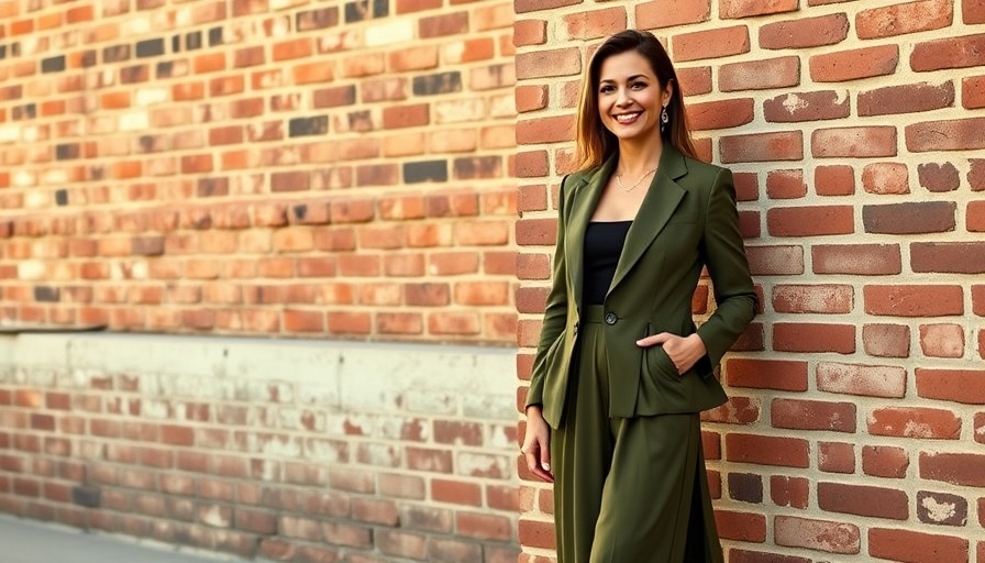 Stylish woman in fall outfit smiling confidently in urban setting.