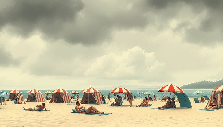 Stylized beach scene with striped tents and cloudy sky, Mass Mini Con 2025.