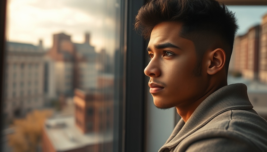 Thoughtful young man of color in urban cityscape.