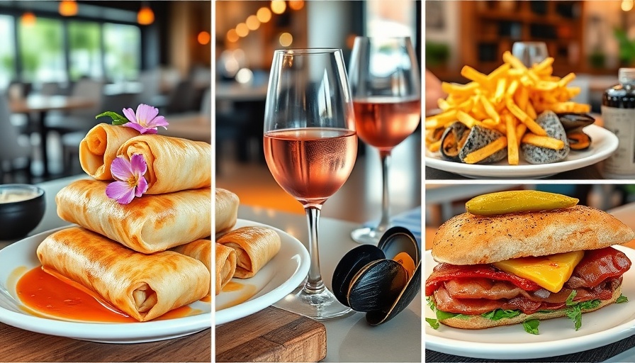 Union Square restaurants San Francisco food collage with spring rolls, mussels, sandwich.