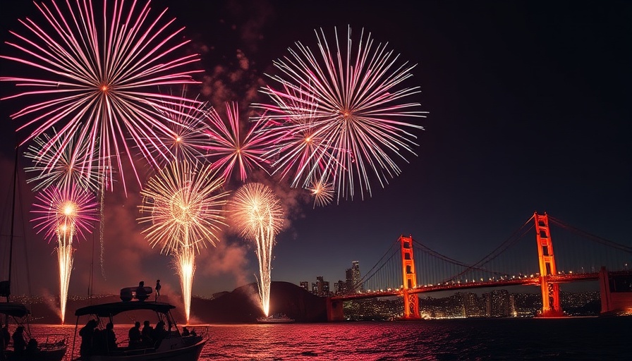Fourth of July fireworks over San Francisco skyline, Golden Gate Bridge in view.