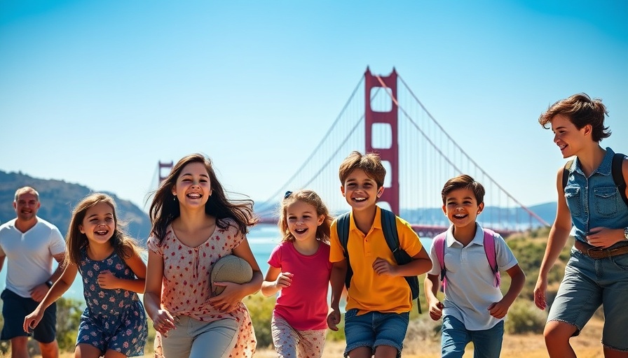 Family exploring sunny San Francisco with kids near Golden Gate Bridge.