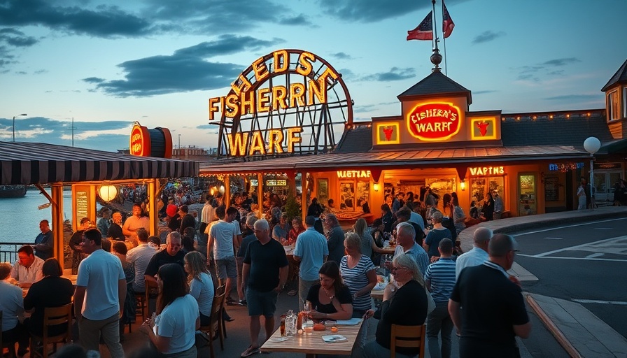 Evening view of Fisherman's Wharf restaurants with vibrant atmosphere.