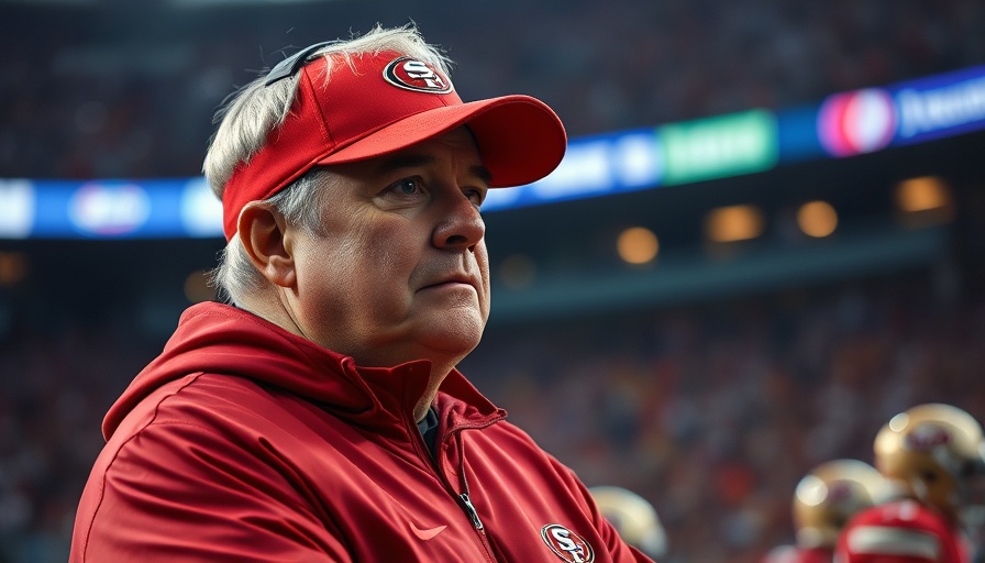 49ers coach assessing game with focus in a crowded stadium.
