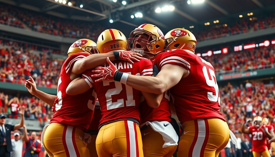 49ers players celebrate victory against Saints with team embrace.