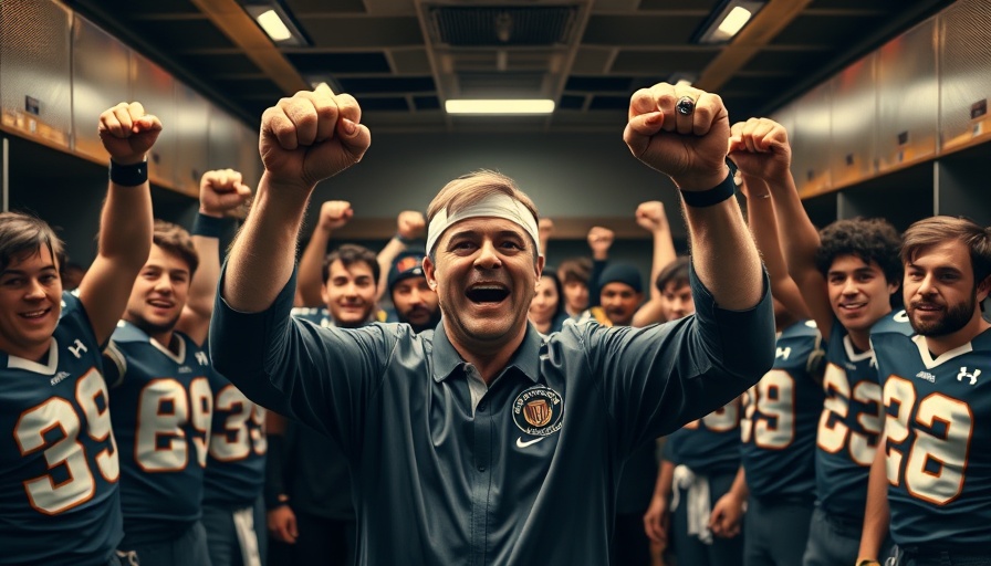 Football coach and team celebratory moment in locker room.