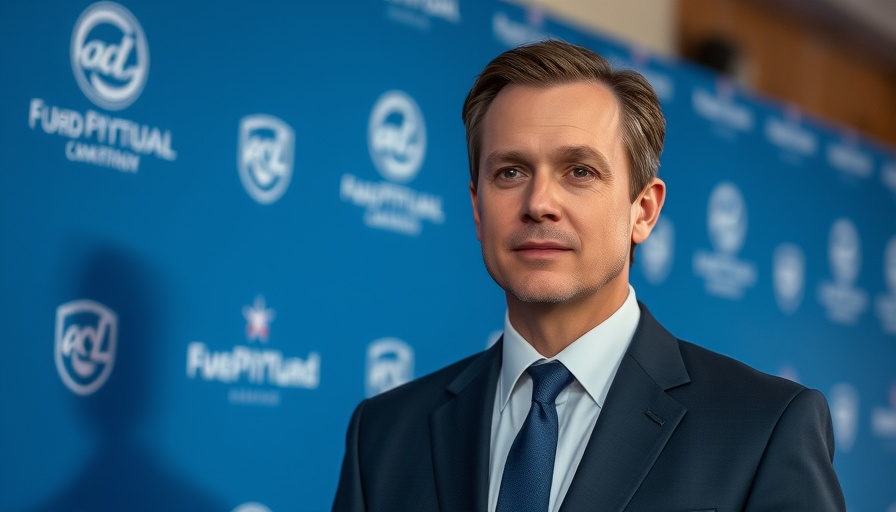 Man in a suit at an event backdrop with logos.