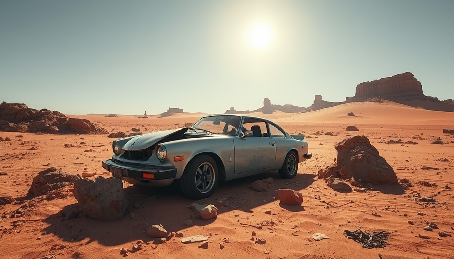 Damaged car on desert terrain under bright sun, Road Safety Technology.
