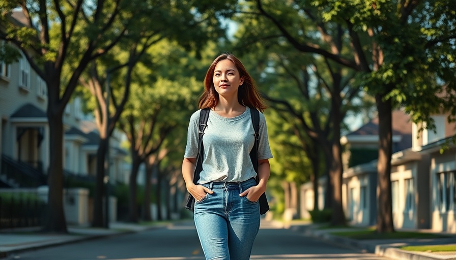 Woman walking in a tree-lined US neighborhood, capturing a peaceful walkable atmosphere.