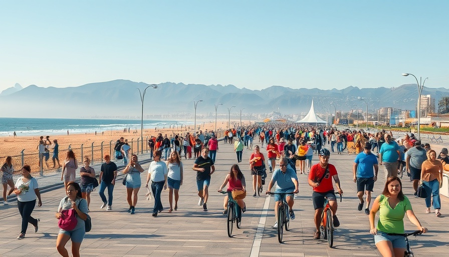 Community gathering at beach with diverse activities, bright day.