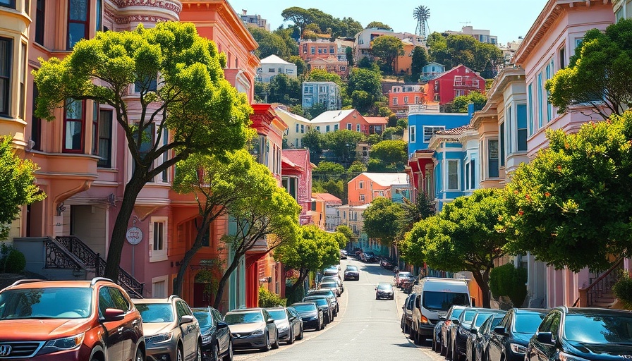 San Francisco street view with cars and colorful houses.
