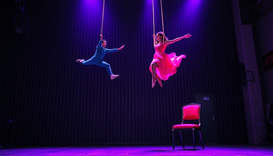 Aerial performers on ropes against a purple-lit wall at night.