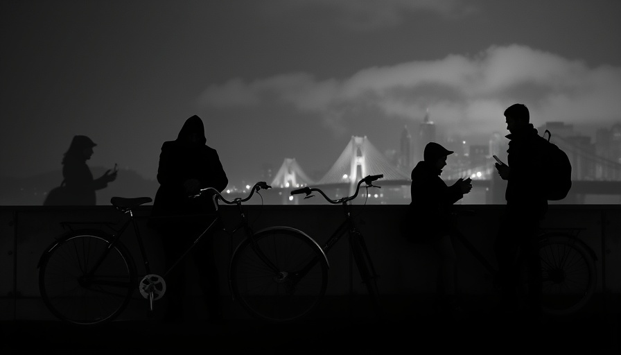 Bicycles and shadowy figures, San Francisco Midnight Mystery Ride.