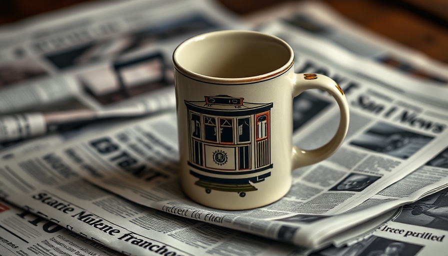 San Francisco-themed mug on newspapers, vintage watch in focus