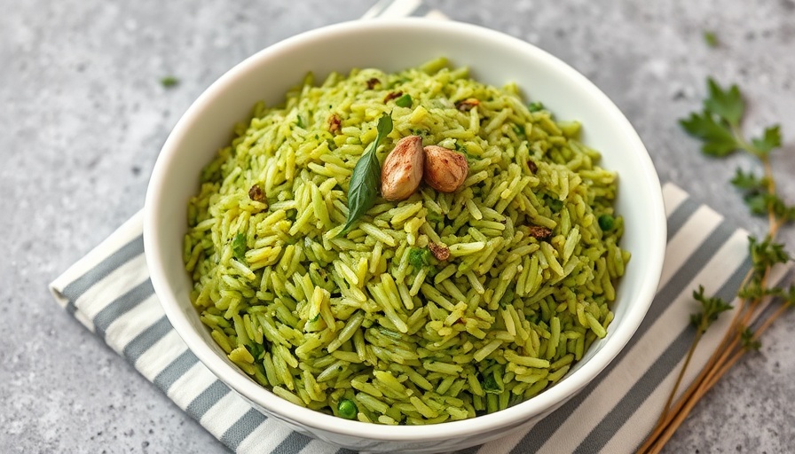 Swamp Rice Recipe: green rice dish in a white bowl with herbs.