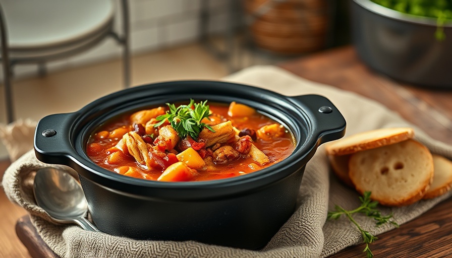 Mississippi chicken chili in a black slow cooker garnished with herbs.