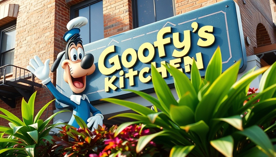 Goofy's Kitchen sign at Disneyland Character Meals, lush greenery