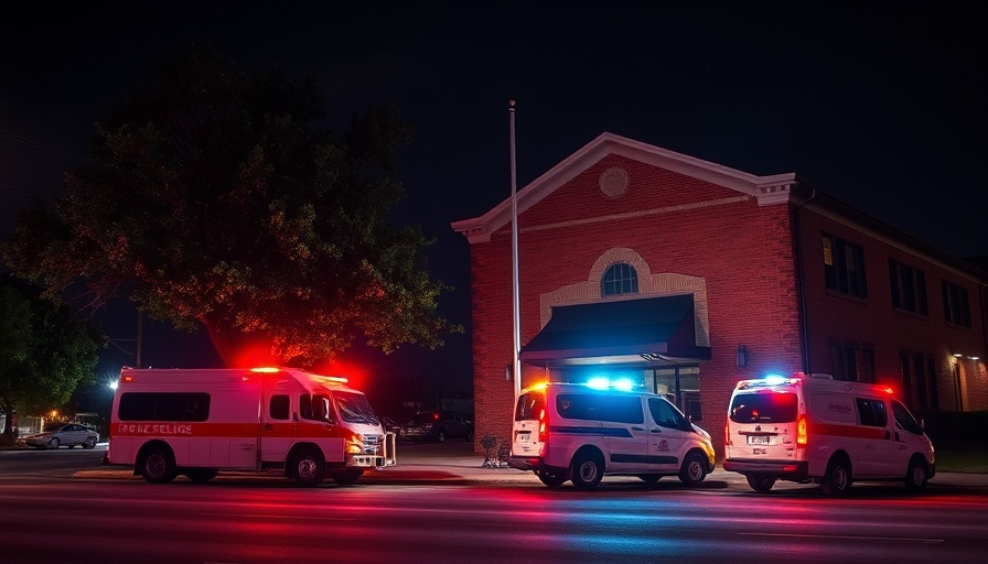 Emergency vehicles at night outside a New Hampshire building.