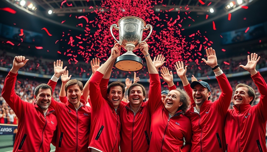 Tennis team celebrates victory, lifting the trophy at Laver Cup.