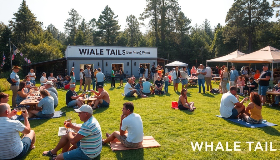 People relaxing at Whale Tail Beer & Wine Garden, enjoying sunny day.