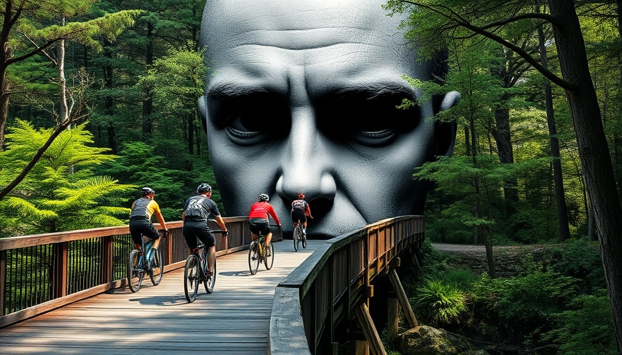 Surreal Trump face by bridge with cyclists in forest, bright daylight.