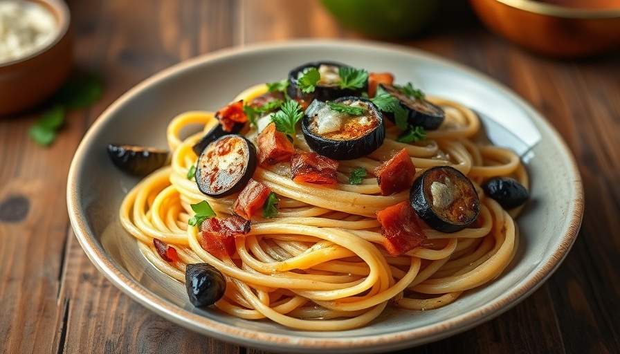 Bacon and eggplant soy sauce butter pasta on rustic table.