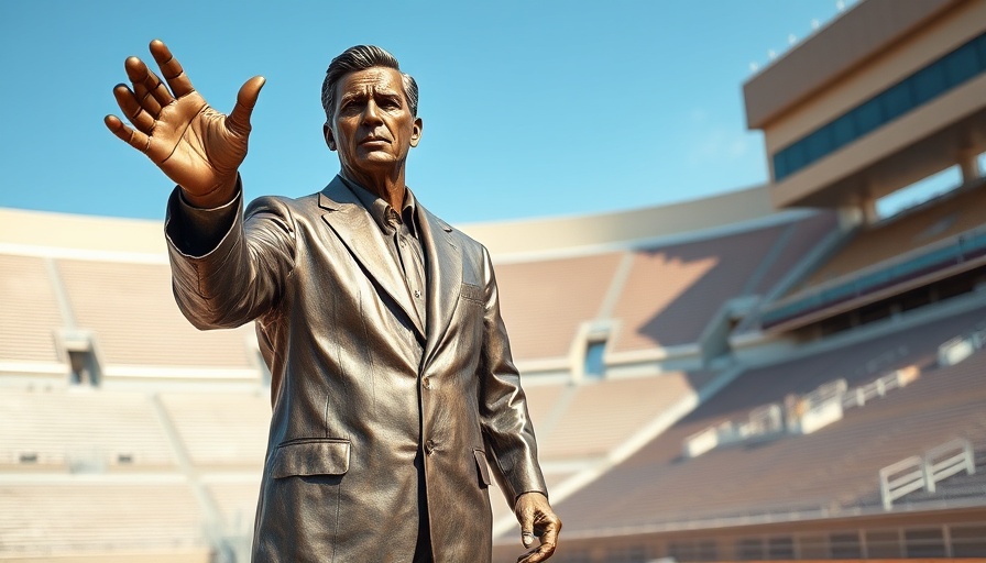 Coach statue in a Southern California school stadium under clear sky.