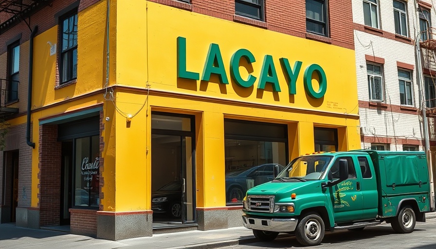 Urban facade with 'LACAYO' sign in Mission District, green truck