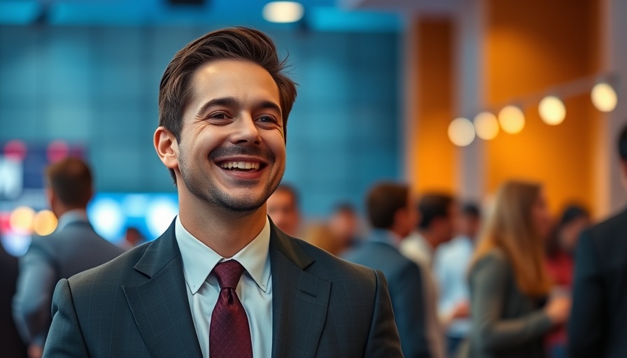 Smiling man in suit at a formal event with blurred background.