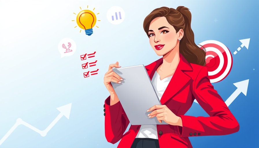 Professional development goals concept illustration, featuring a businesswoman with icons.