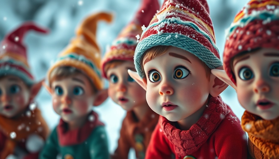 Cartoon elves surprised in snowy scene at Prep & Landing premiere.