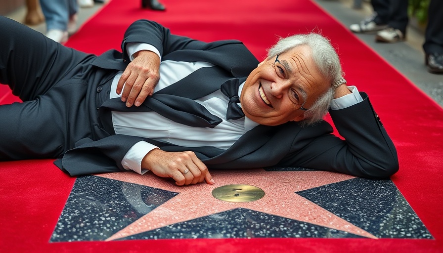 Bill Nye honored with star on Hollywood Walk of Fame, lying playfully on star.